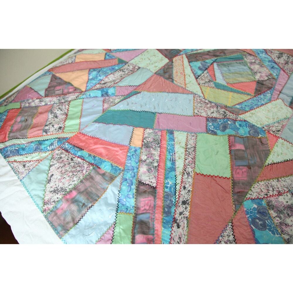 Vintage Crazy Quilt 86" x 69 Heavily Embroidered Pastel Colors Old Hand Tied - Picture 11 of 16